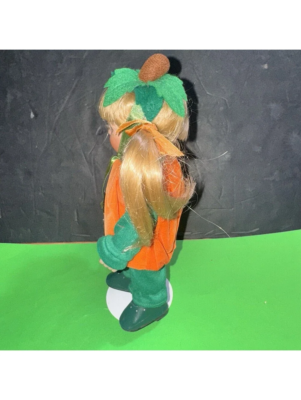 Vintage Blonde Porcelain Doll Pumpkin Costume Halloween Trick or Treat 9”